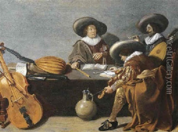 Officers Smoking And Music-making In An Interior Oil Painting - Pieter Jacobs Codde