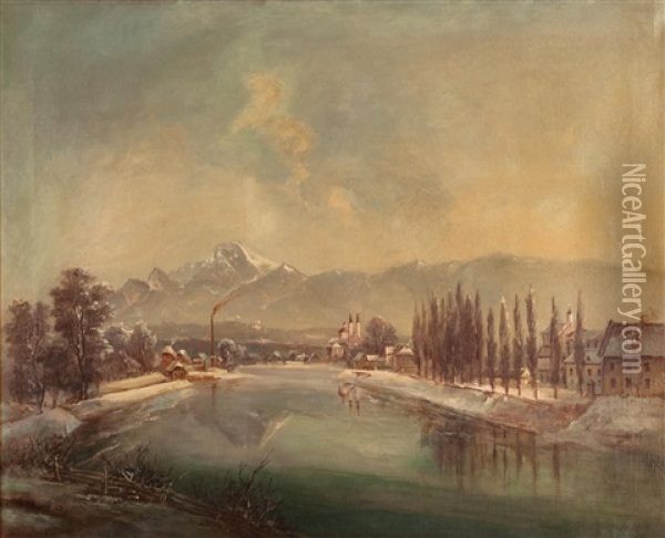 Villach Mit Der Drau, Im Hintergrund Der Mittagskogel Im Winter Oil Painting - Jakob Canciani