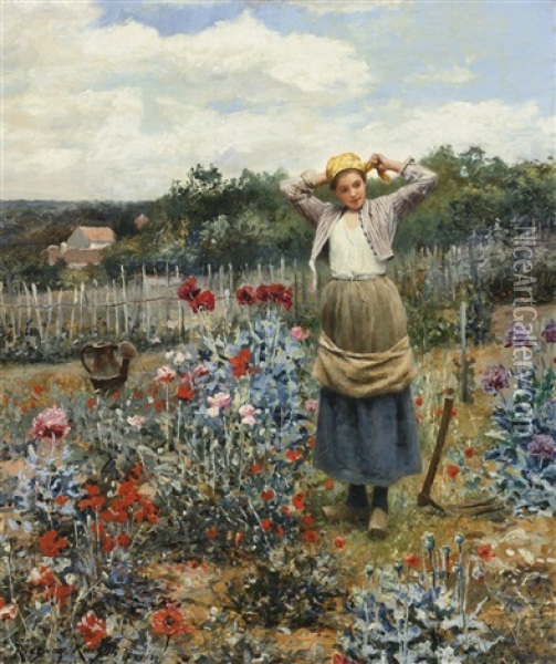 Tending The Garden Oil Painting - Daniel Ridgway Knight