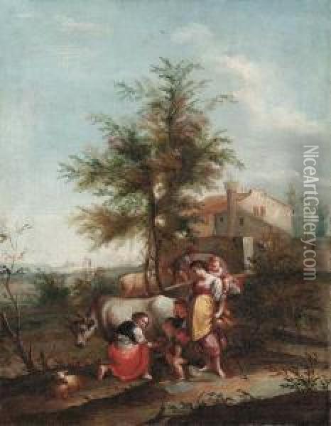 La Mungitura Oil Painting - Domenico Pecchio