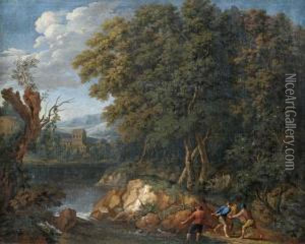 Bewolkte Flusslandschaft Mit Netzeinholenden Fischern Oil Painting - Joannes P. Spalthoven