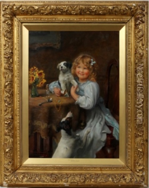 Little Girl With Puppies Oil Painting - Arthur John Elsley