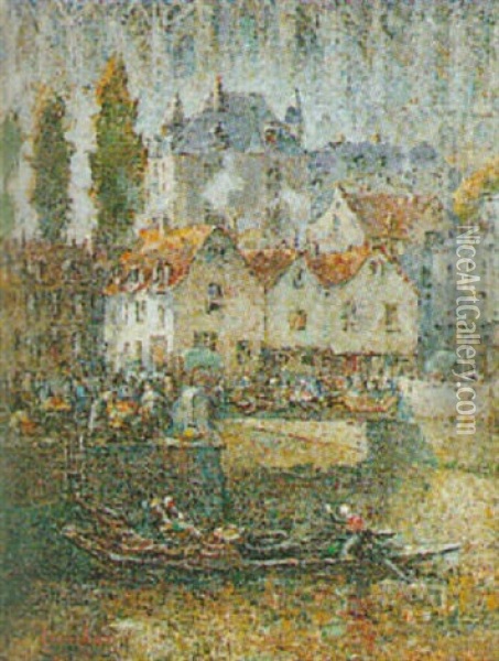 A Bustling Harbour Scene, Normandy Oil Painting - Lionel Townsend Crawshaw
