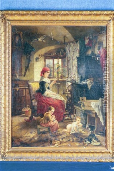 Mother And Children In An Interior Oil Painting - Carl Herpfer