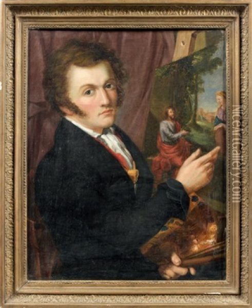 Portrait D'un Peintre Devant Un Tableau Representant Le Christ Et La Samaritaine Oil Painting - Alexis Bafcop