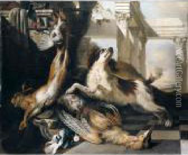 Still Life Of A Spaniel Guarding
 A Bittern, Partridge, Hare And A Pigeon, Together With Hunting 
Equipment, Arranged Within A Classical Setting Oil Painting - Jan Baptist Weenix