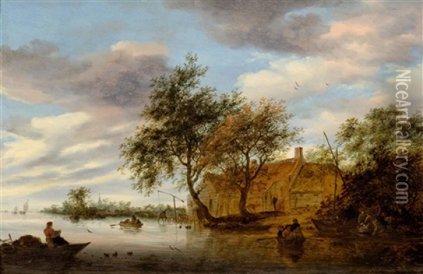 River Landscape With Figures Oil Painting - Salomon van Ruysdael