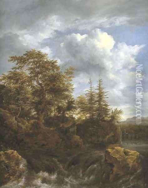 A wooded river landscape with a waterfall and travellers on a bridge Oil Painting - Jacob Van Ruisdael