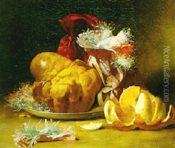 Stilleben Mit Brioche, Bonbons Und Orange Oil Painting - Leon Auguste Cesar Hodebert