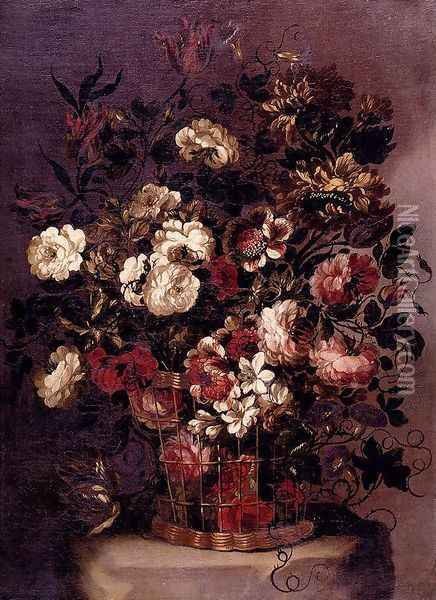 Still-Life of Flowers in a Woven Basket Oil Painting - Gabriel De La Corte
