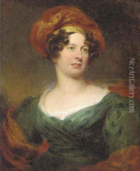 Portrait of a lady, half-length, in a green dress with a red and gold headdress Oil Painting - Sir William Beechey
