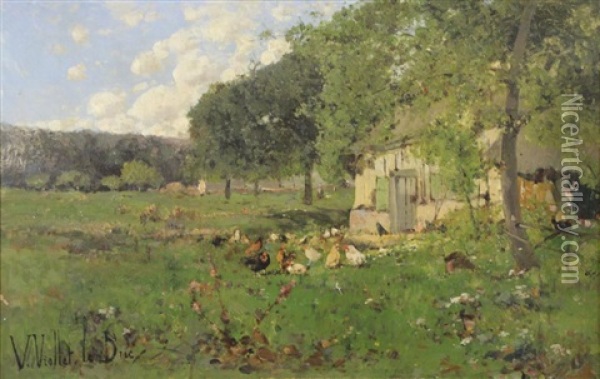 Farmyard With Chickens Oil Painting - Victor Viollet-Le-Duc