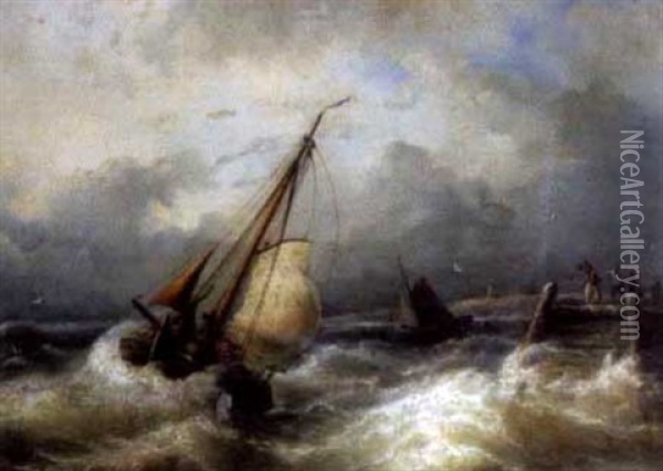 Fishing Boats In Distress, Figures On The Jetty Oil Painting - Nicolaas Riegen