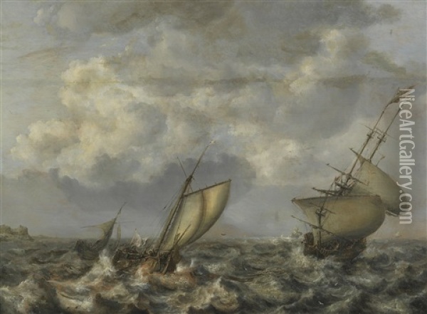 Segelschiffe Auf Sturmischer See Oil Painting - Jan Porcellis