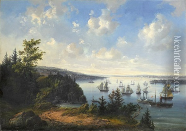 An Amercian Port View Said To Be San Franciso Harbor Oil Painting - Josef Karl Berthold Puettner