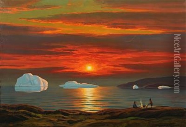Greenlandic Landscape With People By The Fire In The Sunset Oil Painting - Emanuel A. Petersen