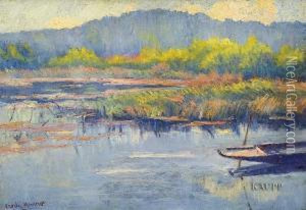 In Impressionistischem Duktus Gearbeitete Idyllische Seenlandschaft Mit Grasbewachsenem Ufer Und Kleinem Nachen Oil Painting - Charles Menneret