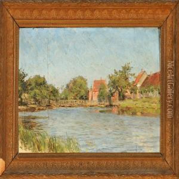 Village Scene Witha Pond Oil Painting - Carl Martin Soya-Jensen