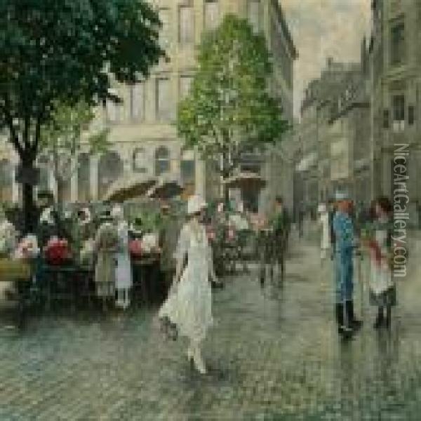 Spring Day With Women Selling Flowers At Hojbro Plads Oil Painting - Paul-Gustave Fischer