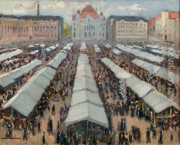 Fair By The Railway Square In Helsinki Oil Painting - Vaeinoe Haemaelaeinen