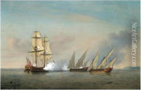 A Royal Navy Brig In Action With Two Armed Spanish Xebecs Oil Painting - Richard Paton