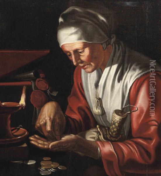An Old Lady Seated At A Table Counting Money Oil Painting - Hendrick Bloemaert