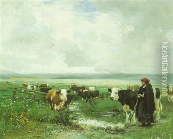 Fresian Cattle With Cowherd Oil Painting - Julien Dupre