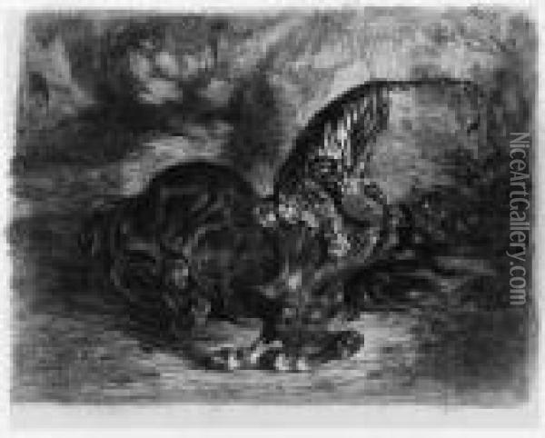 Cheval Sauvage Terrasse Par Un Tigre (loys Delteil 77) Oil Painting - Eugene Delacroix