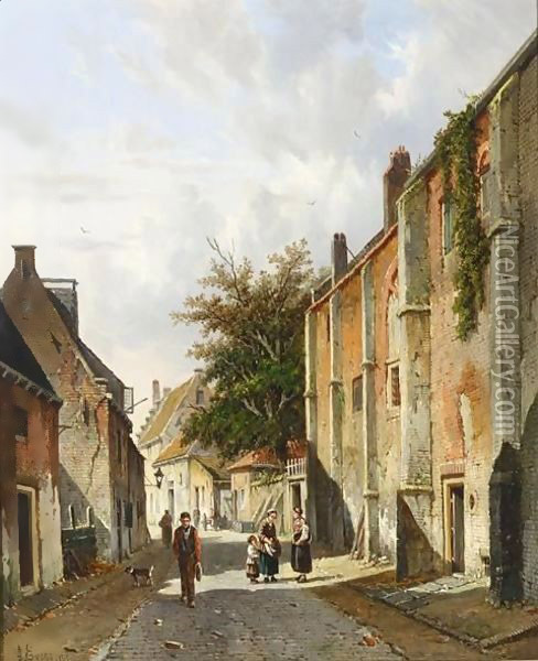 Villagers In A Sunlit Street Near The Old Hospital, Harderwijk Oil Painting - Adrianus Eversen