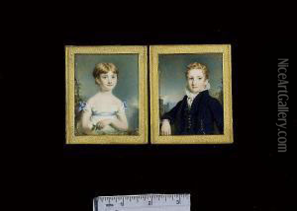 Lady Isabella And Donald 
Campbell Of Sonachan, As Children: She, Wears White Dress With Blue 
Ribbon Waistband And Matching Bows At Her Shoulders, She Holds A 
Thistle; He, Wears Blue Coat, Matching Waistcoat And White Chemise With 
Frilled Collar, C Oil Painting - Kenneth Macleay