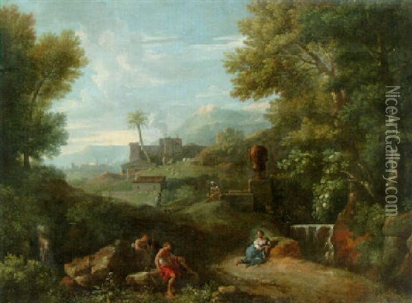 Italian Landscape With Shepherds Resting By A Waterfall In The Foreground, Castle Beyond Oil Painting - Jan Frans van Bloemen