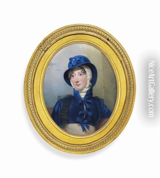 Princess Amelia (1783-1810), In White Dress With Blue Outdoor Jacket And Matching Bonnet; Pillar Background Oil Painting - Andrew Robertson