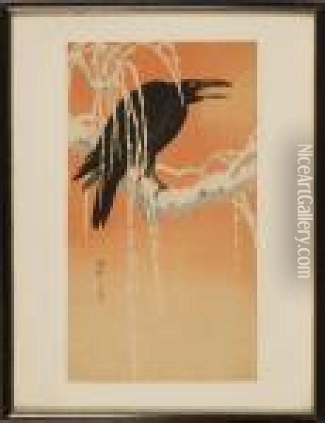 Depicting A Crow Perched On A Snow-covered Willow Tree Branch With Sunset Sky Oil Painting - Ohara Koson