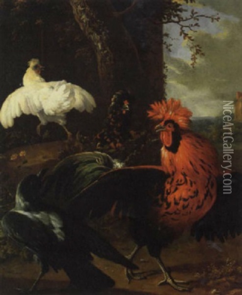 Cockerels, A Hen And A Crow In A Landscape Oil Painting - Willem Frederik van Royen