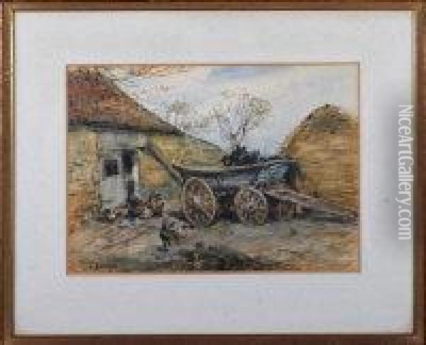 A Hay Cart And Poultry In A Stack Yard Oil Painting - John Atkinson