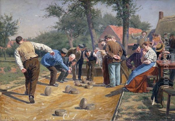 Playing Boules In A Flemish Village Oil Painting - Remy Cogghe