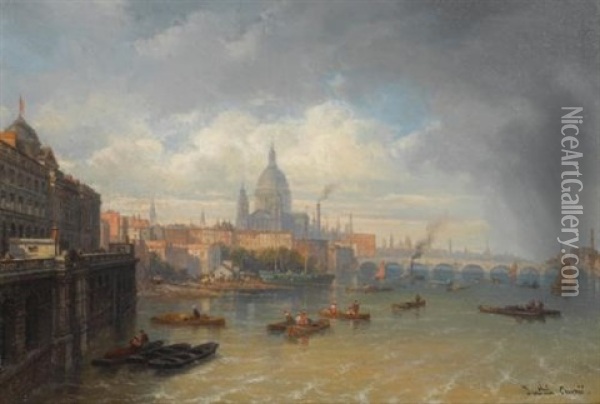 The Thames With Somerset House And St. Paul's Cathedral Oil Painting - Pierre Justin Ouvrie
