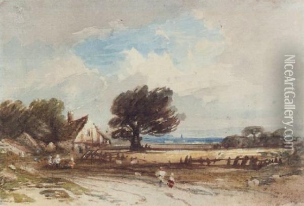 Figures On A Country Road With Cottages Beyond Oil Painting - John Varley