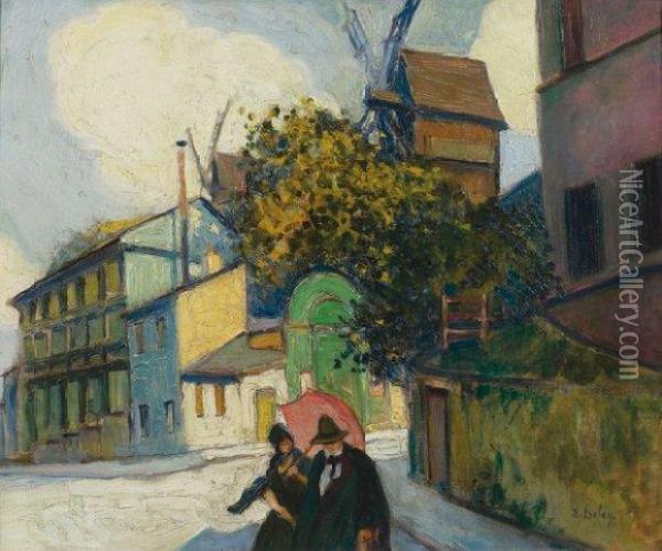 Promenade A Montmartre, Le Moulin De La Galette Oil Painting - Pierre De Belay