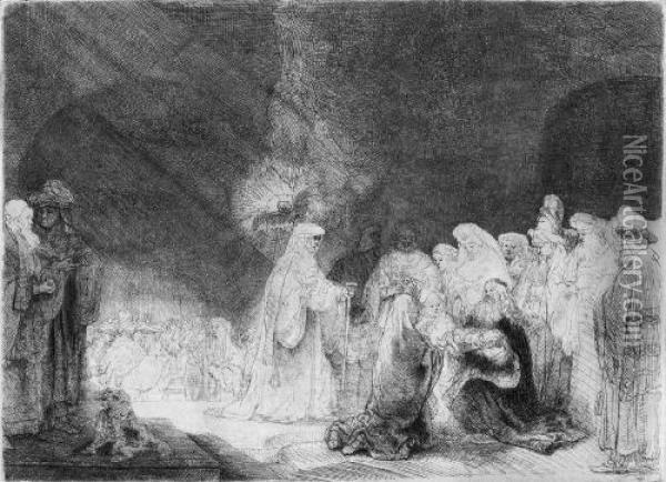 Die Darstellung Im Tempel, Im Breitformat Oil Painting - Rembrandt Van Rijn