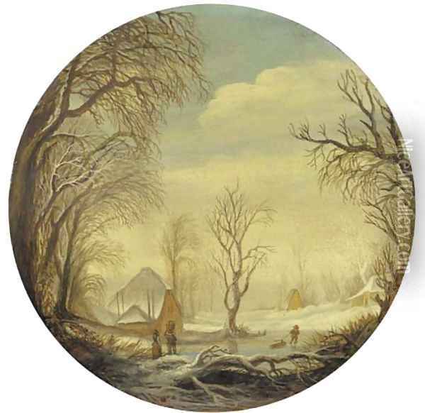 A winter landscape with figures on the ice, a farm beyond Oil Painting - Gijsbrecht Leytens