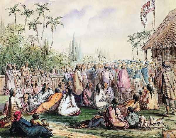 The French Protectorates pavilion in Tahiti in 1842, c.1842-48 Oil Painting - Maximilie Radiguet