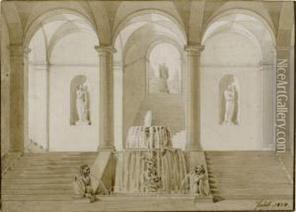 Architecture With Vaulted Hall Of Columns And Fountain Oil Painting - Philipp Friedrich Von Hetsch