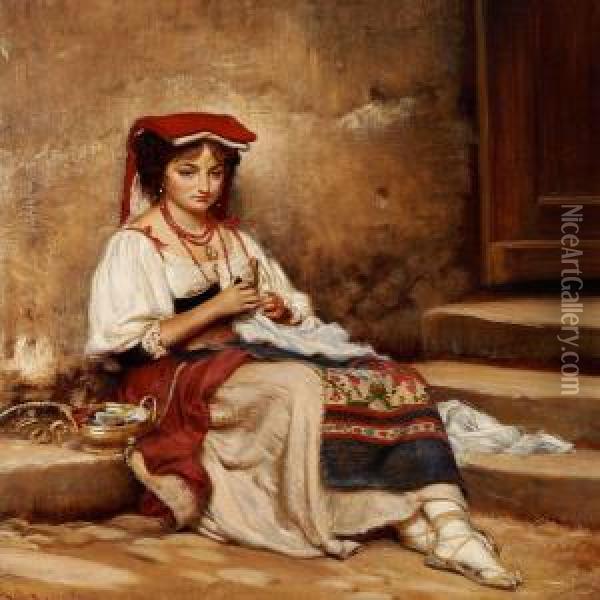 A Young Seated Italian Woman Oil Painting - Vilhelm J. Rosenstand