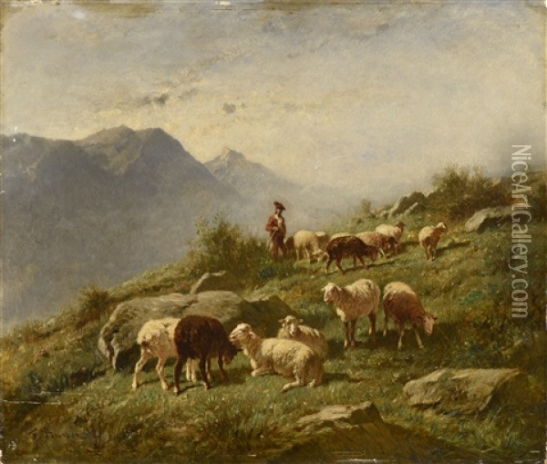 Troupeau De Mouton Et Son Patre Dans Les Alpages Oil Painting - Felix Saturnin Brissot de Warville