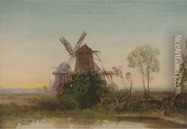 Windmills At Sunset Oil Painting - Edmund John Niemann, Snr.
