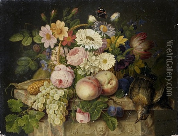 Nature Morte De Fruits, Fleurs Avec Une Merlette Sur Un Entablement Sculpte Oil Painting - Michel Joseph Speeckaert