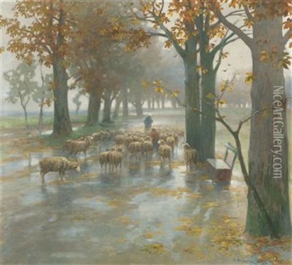 Flock Of Sheep With Shepherdess On A Rainy Day Oil Painting - Adolf Kaufmann