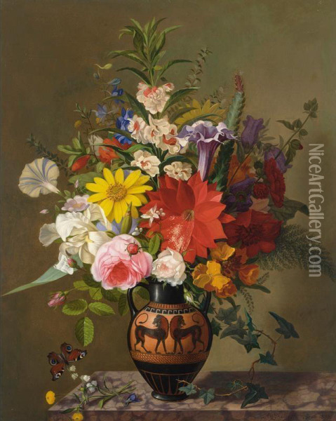 A Flower Still Life With A Greek Vase Oil Painting - Carl Adolf Senff