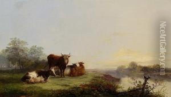 Cattle By The River Gipping Oil Painting - J. Duvall